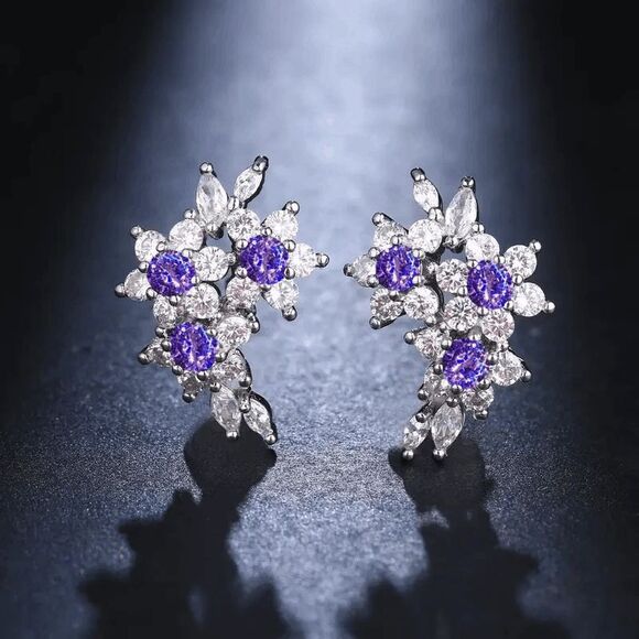 Boho Amethyst White Diamond Flower Stud Earrings - Picture 1 of 3